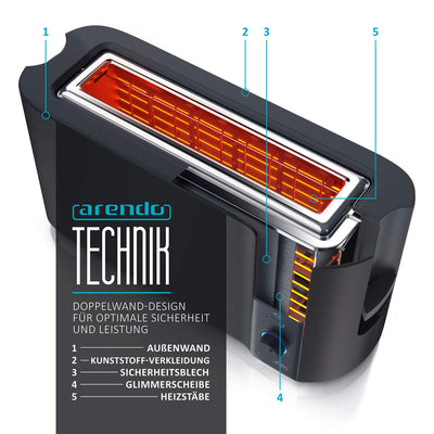 Arendo - Toaster Langschlitz 2 Scheiben - Defrost Funktion - 1000 W - Doppelwandgehäuse - Integrierter Brötchenaufsatz - Bräunungsgrade 1-6 – Display mit Restzeitanzeige - Edelstahl schwarz matt