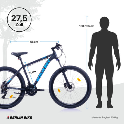 BERLIN BIKE Mountainbike MTB1 – mit komplettem Shimano Set - 21 Gang Shimano FD-TZ500/RD-TY300D, Dacron Hydraulische Scheibenbremsen (Schwarz-Silber, 27,5 Zoll und 51 cm Rahmenhöhe)