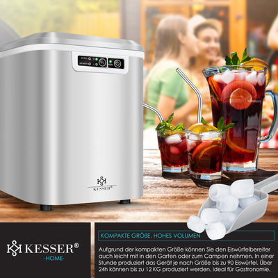 KESSER® Eiswürfelbereiter | Eiswürfelmaschine Edelstahl | Ice Maker | 12 kg 24 h | Zubereitung in 7 min | 2,2 Liter Wassertank | 2 Eiswürfel-Größen | LED-Display | Selbstreinigungsfunktion | Silber