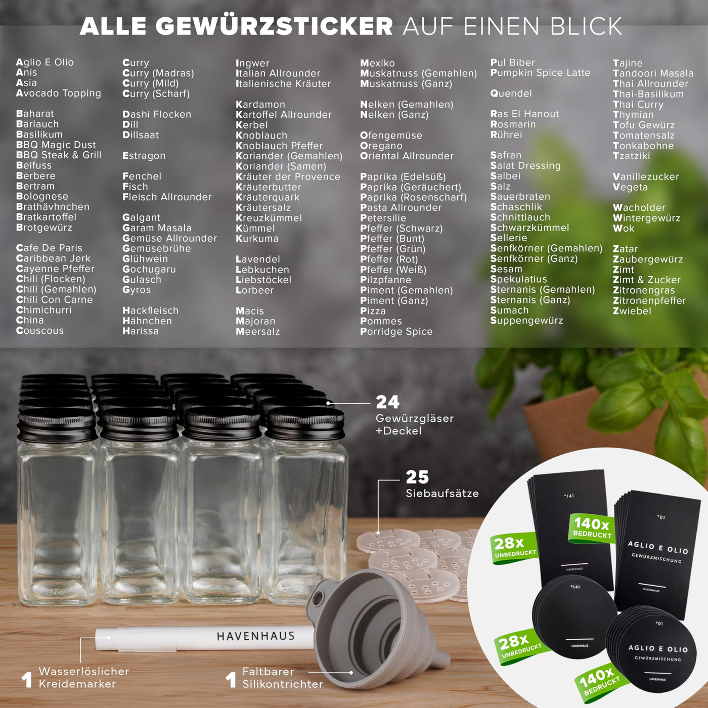 Havenhaus Premium Gewürzgläser Set schwarz | 24 Gewürz Organizer inkl. 336 deutschen Gewürzetiketten | Gewürzgläser eckig mit Streuaufsätzen lebensmittelecht | Gewürzstreuer & Gewürzbehälter modern