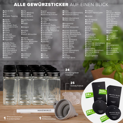 Havenhaus Premium Gewürzgläser Set schwarz | 24 Gewürz Organizer inkl. 336 deutschen Gewürzetiketten | Gewürzgläser eckig mit Streuaufsätzen lebensmittelecht | Gewürzstreuer & Gewürzbehälter modern