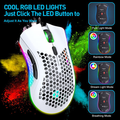 JYCSTE Bluetooth Gaming Maus, Light Honeycomb Maus mit RGB Hintergrundbeleuchtung, einstellbare DPI, Bluetooth 2.4G Wireless Rechargeable Ergonomic Optical Sensor Mouse (Dual Mode-White)