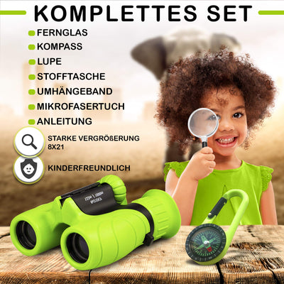 Fernglas für Kinder - Optimales Geschenk für Jungen und Mädchen - Starke Vergrößerung 8X21 – Umfangreiches Set inklusive Lupe & Kompass – Spielzeug für Kinder 3-12 Jahre