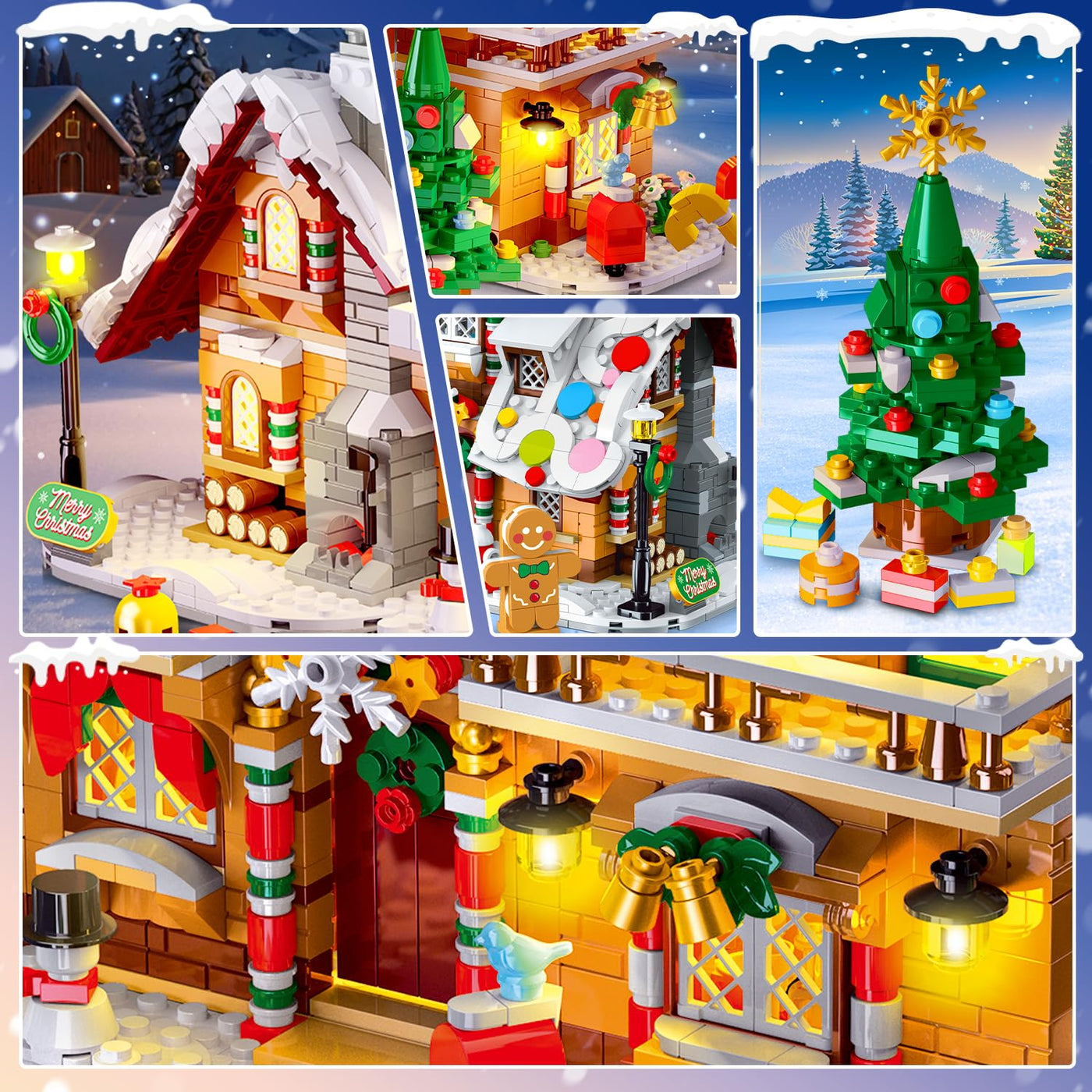 2025 Weihnachts Lebkuchenhaus Bausatz mit Licht – 3 Stilmodi Weihnachtsdorf Bausteine mit Weihnachtsmann Weihnachtsbaum Zug –Weihnachts Klemmbausteine für Erwachsene Kinder Jahren 6+（1477Stück）