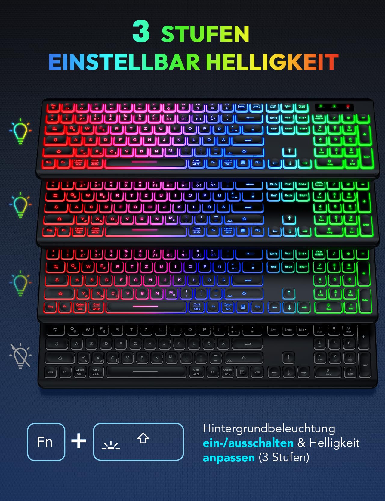Tastatur Maus Set Kabellos Beleuchtete, wiederaufladbar & Automatischer Schlaf, verstellbare Höhe, 2,4 GHz LED leise USB-A & USB-C Funktastatur mit Maus, für Mac OS/Windows/PC/Laptop-Schwarz, QWERTZ