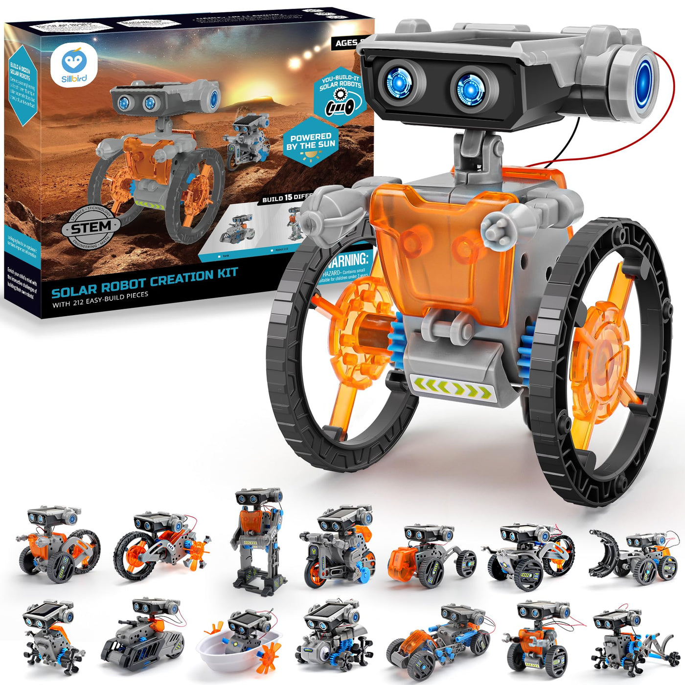 Sillbird 15-in-1 Solar Roboter Spielzeug ab 8 Jahre, Solar und batteriebetriebener Motor mit Doppelantrieb, Mint Experimente Lernspielzeug Kinder Geschenk für Jungen ab 8 9 10+ Jahren（212 Stücke）