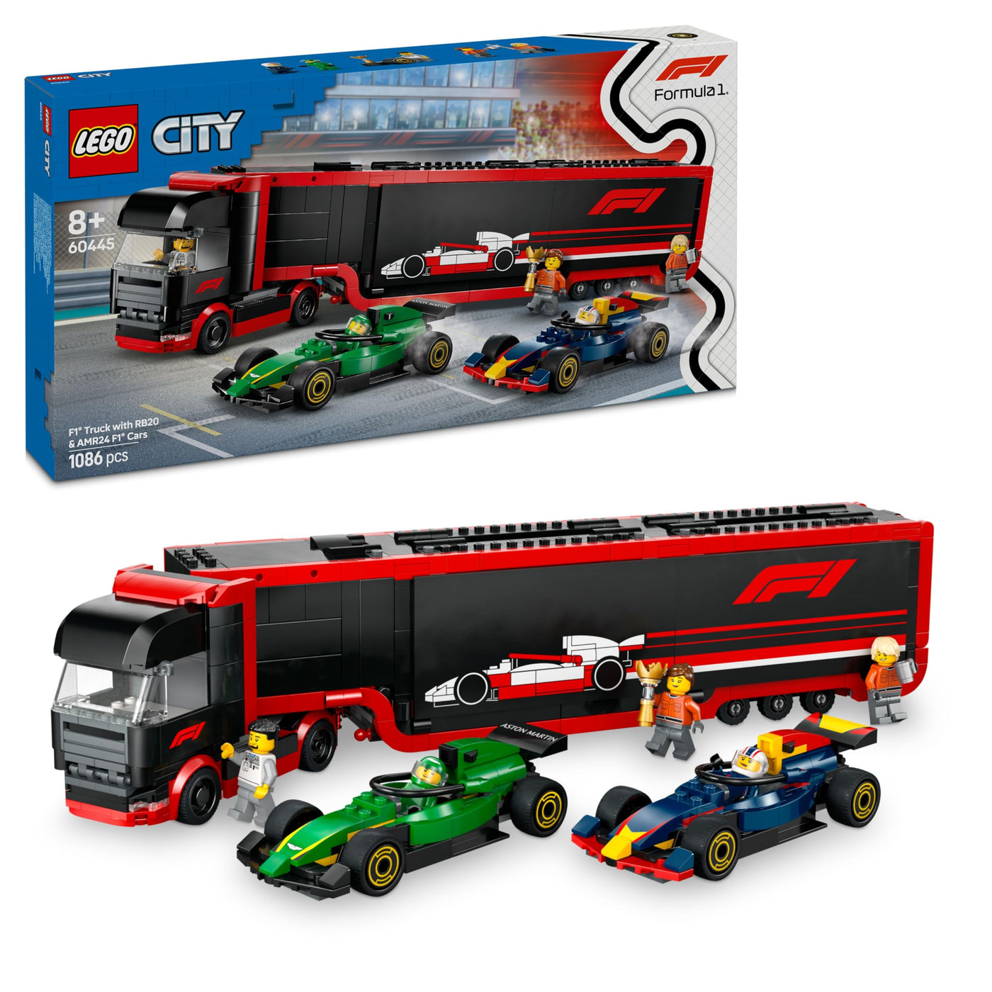 LEGO City F1 Transporter mit RB20 & AMR24 F1 Rennautos - Spielzeug Autotransporter für Red Bull & Aston Martin Formel 1 Teams - Inkl. 5 Minifiguren - Geschenk für Jungen & Mädchen ab 8 Jahren 60445