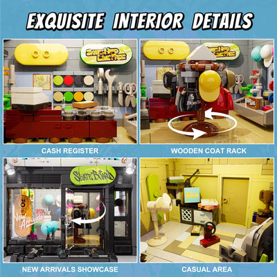 FUNWHOLE Skate Shop Bausteine Set mit LED Licht, 1573 PCS Bauklötze Straße Fusion Modell Klemmbausteine Spielzeug für Erwachsene und Jugendliche