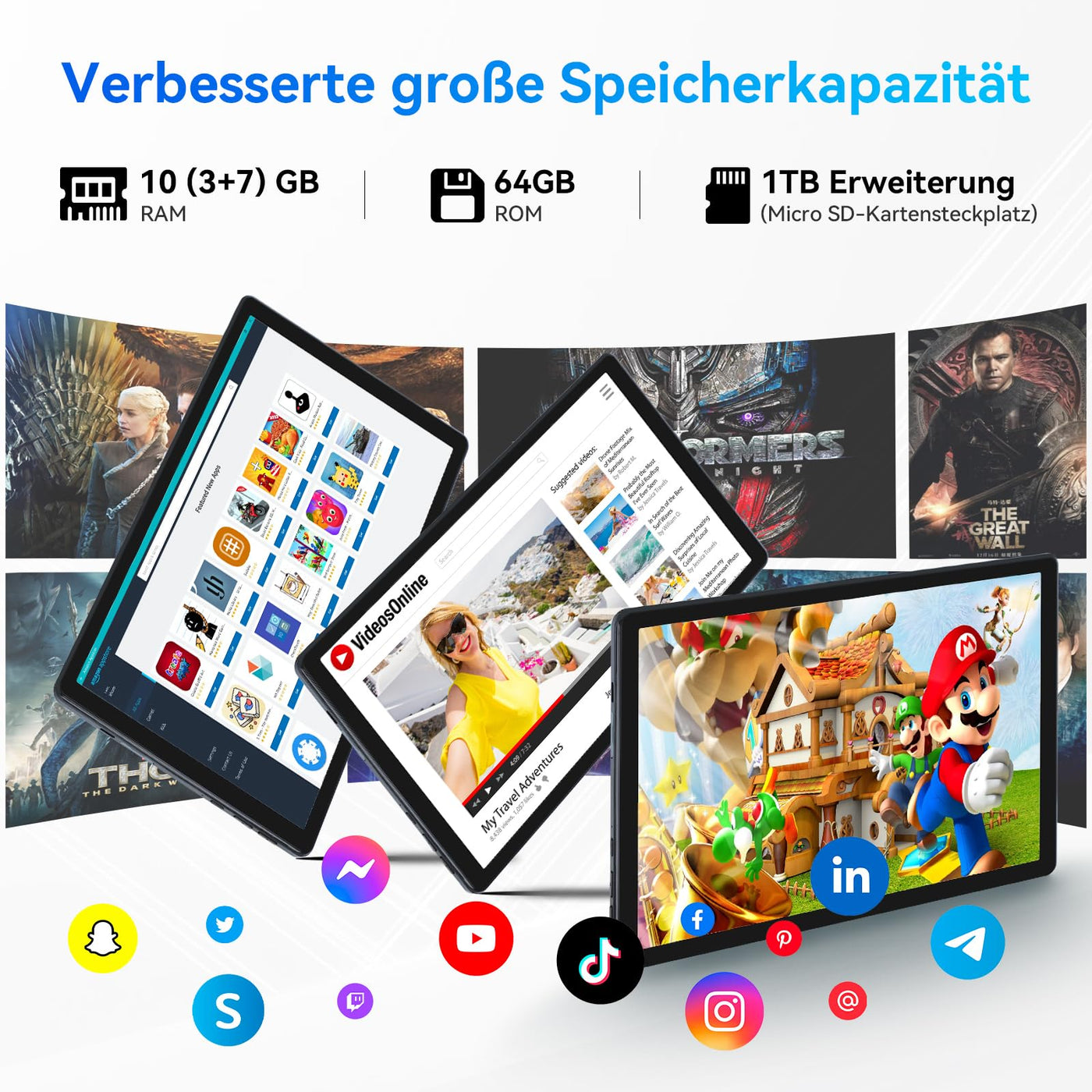 MUISOO Android 14 Tablet, Octa-Core 10 Zoll, 10 GB + 64 GB (erweiterbar auf 1 TB), Android Tablet mit Bluetooth 5.3, WiFi 6, Dual-Kamera, 5 MP + 8 MP, Face ID, 4G Wireless Dongle (Weiß)