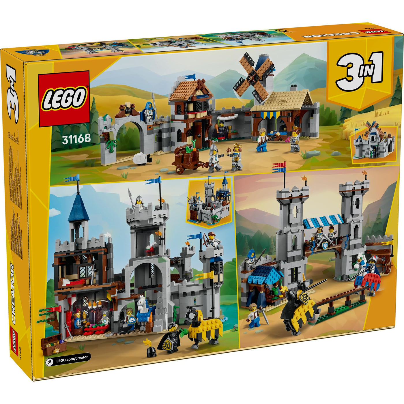 LEGO Creator Ritterburg im Mittelalter - 3-in-1-Bauset - Spielzeug Ritterburg - Umwandelbar in Ritterturnier-Szene oder Stadt - 6 Minifiguren - Geschenk für Jungen und Mädchen ab 9 Jahren 31168