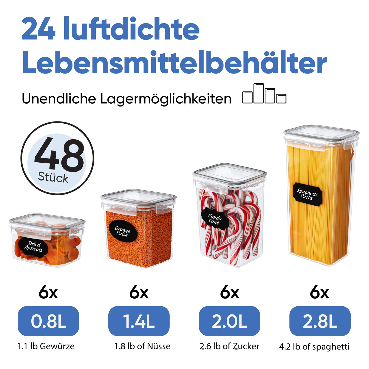 Luftdichtes Frischhaltedosen-Set, 24-teilig, Küchen- und Speisekammer-Organisation, BPA-frei, Kunststoffdosen mit robusten Deckeln, ideal für Müsli, Mehl und Zucker, Etiketten, Marker und Löffel-Set