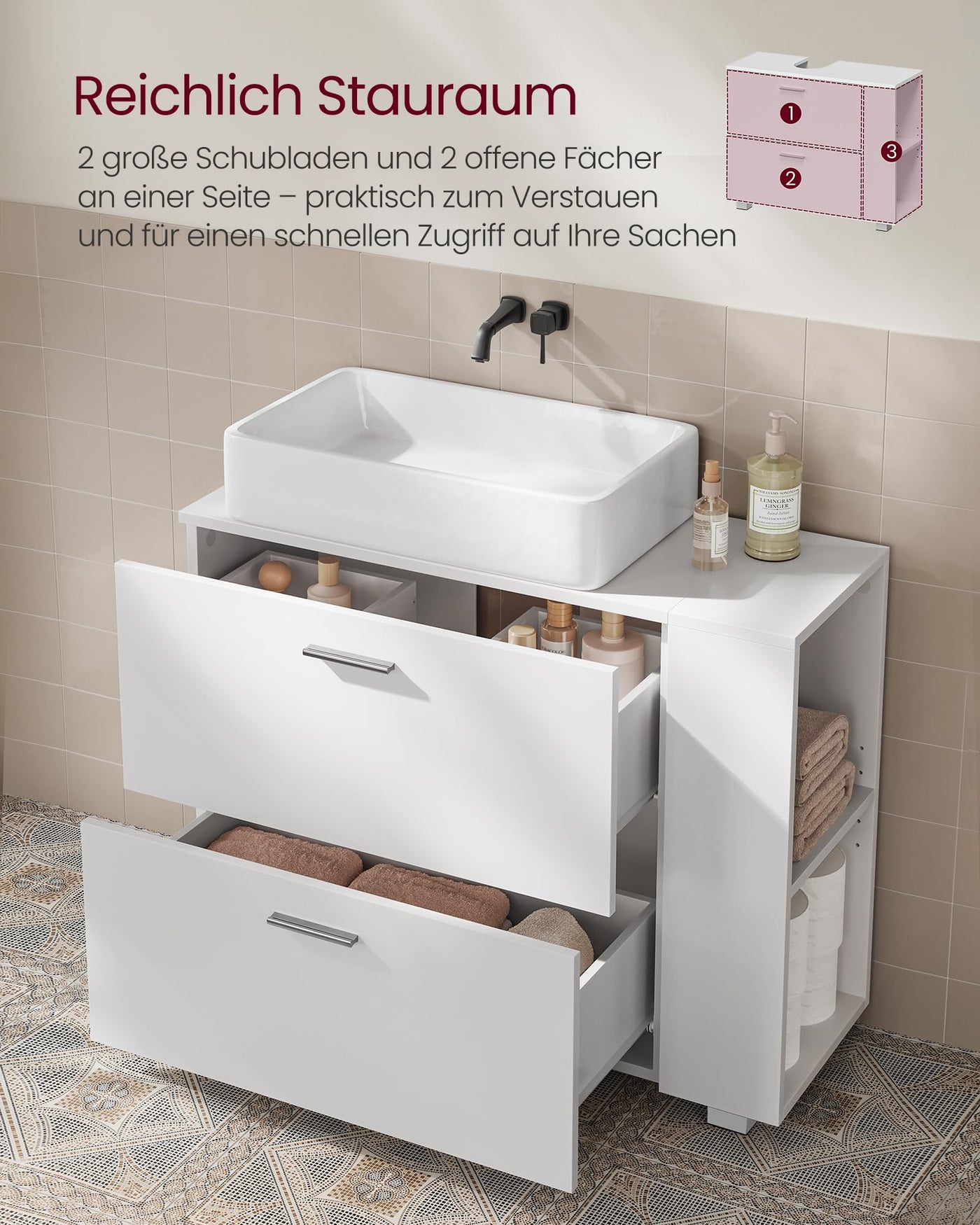 VASAGLE Waschbeckenunterschrank, offene Fächer an Einer Seite, rechts oder Links austauschbar, Badschrank, große Öffnung für Siphons, 30 x 80 x 64 cm, wolkenweiß BBK502W01