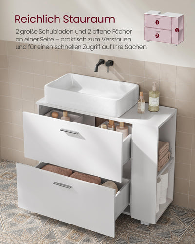 VASAGLE Waschbeckenunterschrank, offene Fächer an Einer Seite, rechts oder Links austauschbar, Badschrank, große Öffnung für Siphons, 30 x 80 x 64 cm, wolkenweiß BBK502W01