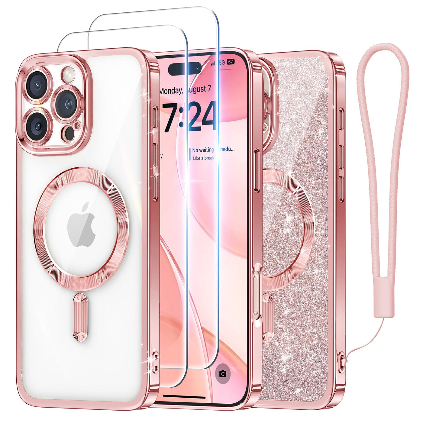 Meifigno Hülle Entwickelt für iPhone 16 Pro Max, [Kompatibel mit MagSafe][2 Displayschutzfolien] [Glitzerkarte & Handschlaufe] Vollständiger Kameraschutz Entwickelt für 6.9 Zoll Handyhülle, Roségold