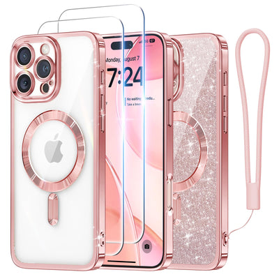 Meifigno Hülle Entwickelt für iPhone 16 Pro Max, [Kompatibel mit MagSafe][2 Displayschutzfolien] [Glitzerkarte & Handschlaufe] Vollständiger Kameraschutz Entwickelt für 6.9 Zoll Handyhülle, Roségold