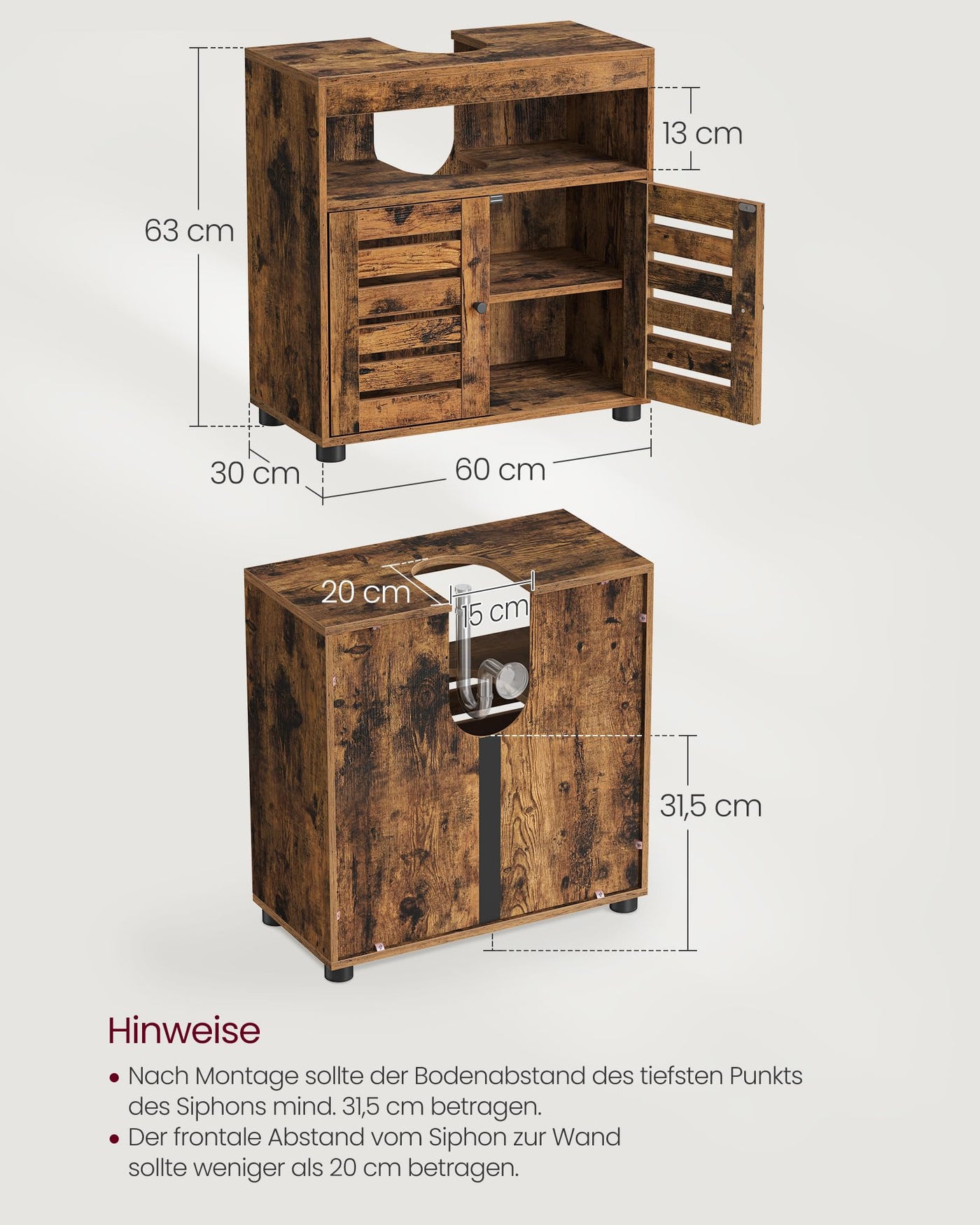 VASAGLE Waschbeckenunterschrank, Badschrank, 60 x 30 x 63 cm, Badezimmerschrank, Aufbewahrungsschrank, Unterschrank mit 2 Lamellentüren, mit verstellbarer Regalebene, vintagebraun BBK04BX