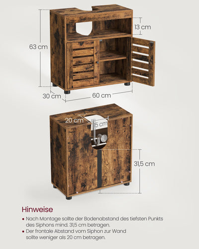VASAGLE Waschbeckenunterschrank, Badschrank, 60 x 30 x 63 cm, Badezimmerschrank, Aufbewahrungsschrank, Unterschrank mit 2 Lamellentüren, mit verstellbarer Regalebene, vintagebraun BBK04BX