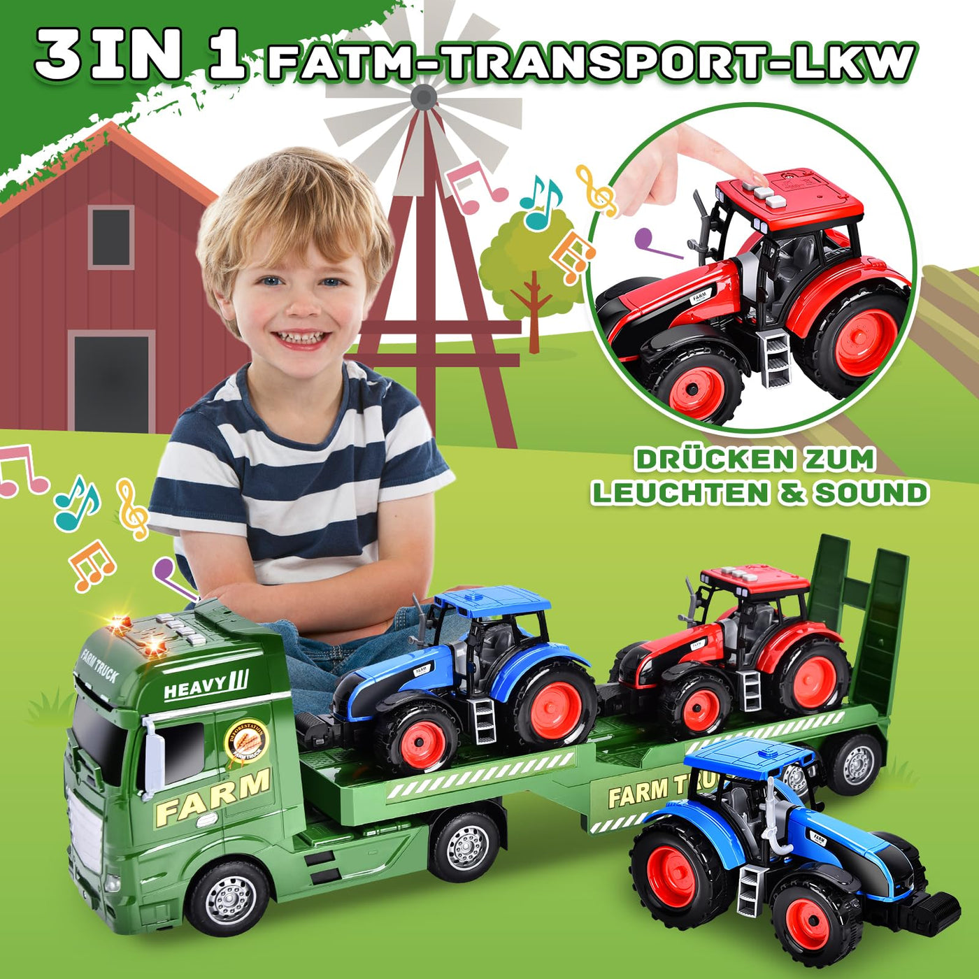 Herefun Bauernhof Lastwagen Spielzeug, Großer Bauernhof Traktor, Anhänger Spielzeug mit Traktor, Groß Transporter LKW, Geschenk für Kinder 3, 4, 5, 6+ Jahren
