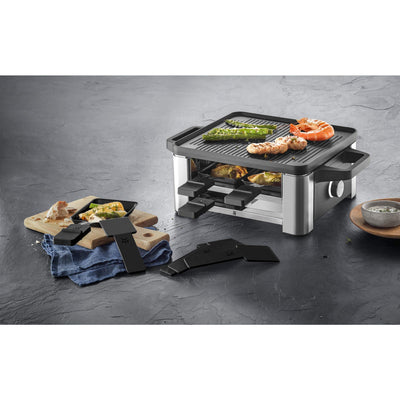 WMF Lono Raclette Grill mit Pfännchen und Schiebern, Raclette 4 Personen, 870 W, edelstahl matt