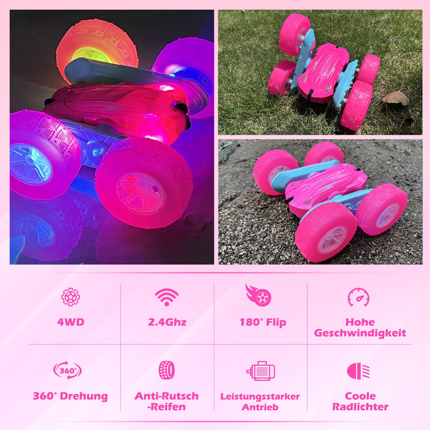 Rodzon Ferngesteuertes Auto Crawler 3 4 5 6 7 8 9+ Jahre Mädchen Spiele RC Auto mit LED Blinken Spielzeug Mädchen Geschenke Kinder Toy 2.4Ghz 4WD 360° Flip RC Car mit 2 Aufladbarer Batterien (Rosa)