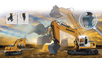 JAMARA 405060 Bagger Liebherr R936 1: 20 2,4GHz - realistische Funktionen (Entladen/Aufladen), jedes Gelenk einzeln steuerbar, 660° Turmdrehung, Metallschaufel, Motorsound, Hupe, Rückfahrwarnsound