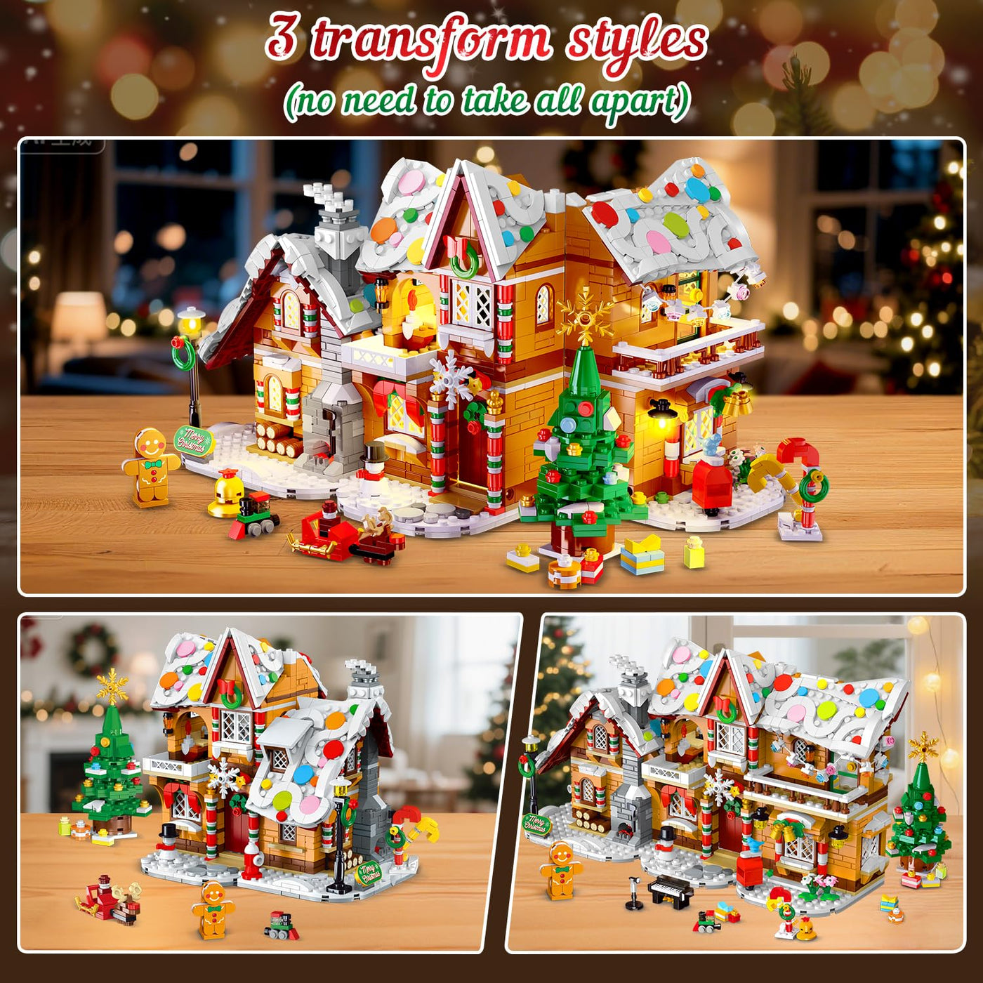 3 Stilmodi Weihnachts Lebkuchenhaus Bausatz mit Lichtern – 2025 Weihnachtsdorf Haus Bausteinset mit Weihnachtsmann Weihnachtsbaumzug Geschenk für Erwachsene Kinder Mädchen Jungen ab 6+ (1477 Teile)