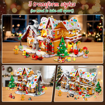 3 Stilmodi Weihnachts Lebkuchenhaus Bausatz mit Lichtern – 2025 Weihnachtsdorf Haus Bausteinset mit Weihnachtsmann Weihnachtsbaumzug Geschenk für Erwachsene Kinder Mädchen Jungen ab 6+ (1477 Teile)