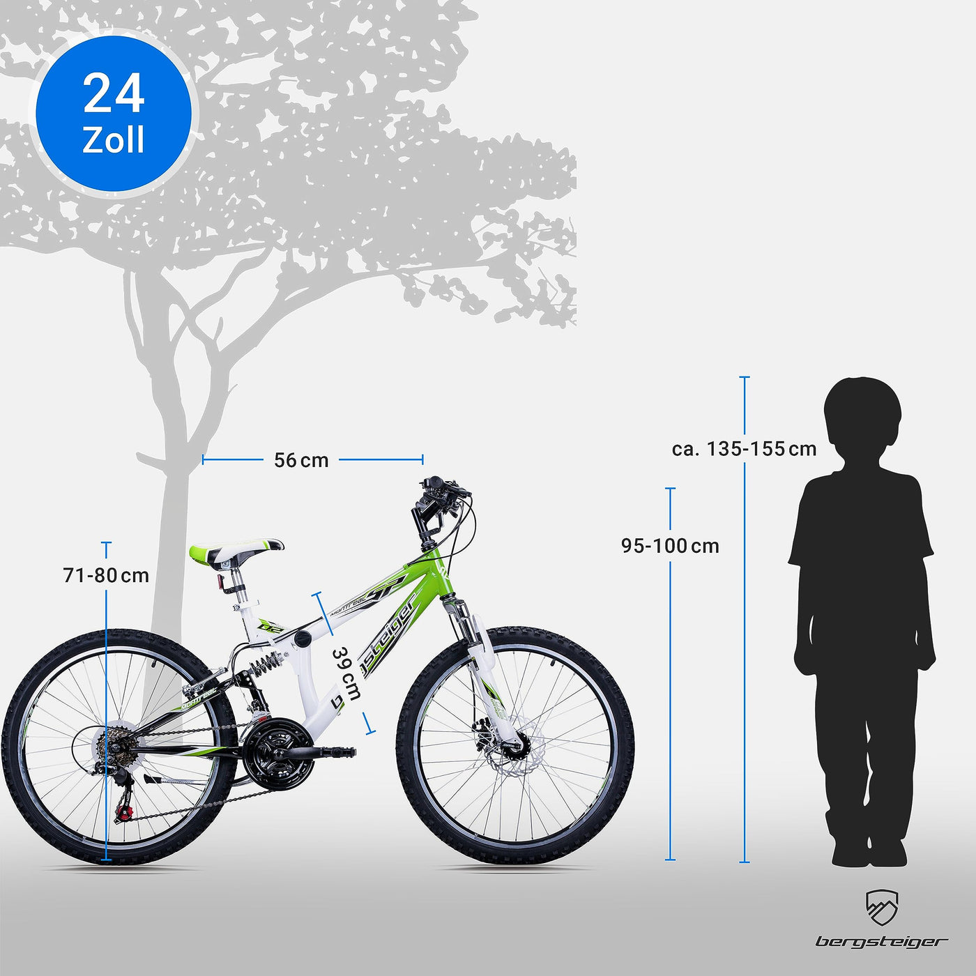 Bergsteiger Montreal 20, 24 Zoll Kinderfahrrad, geeignet für 6,7, 8, 9, 10, 11, 12, 13 Jahre, Shimano 18 Gang-Schaltung, Mountainbike mit Vollfederung, Jungen-Fahrrad, Mädchen-Fahrrad