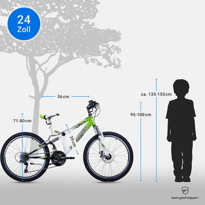 Bergsteiger Montreal 20, 24 Zoll Kinderfahrrad, geeignet für 6,7, 8, 9, 10, 11, 12, 13 Jahre, 18 Gang-Schaltung, Mountainbike mit Vollfederung, Jungen-Fahrrad, Mädchen-Fahrrad