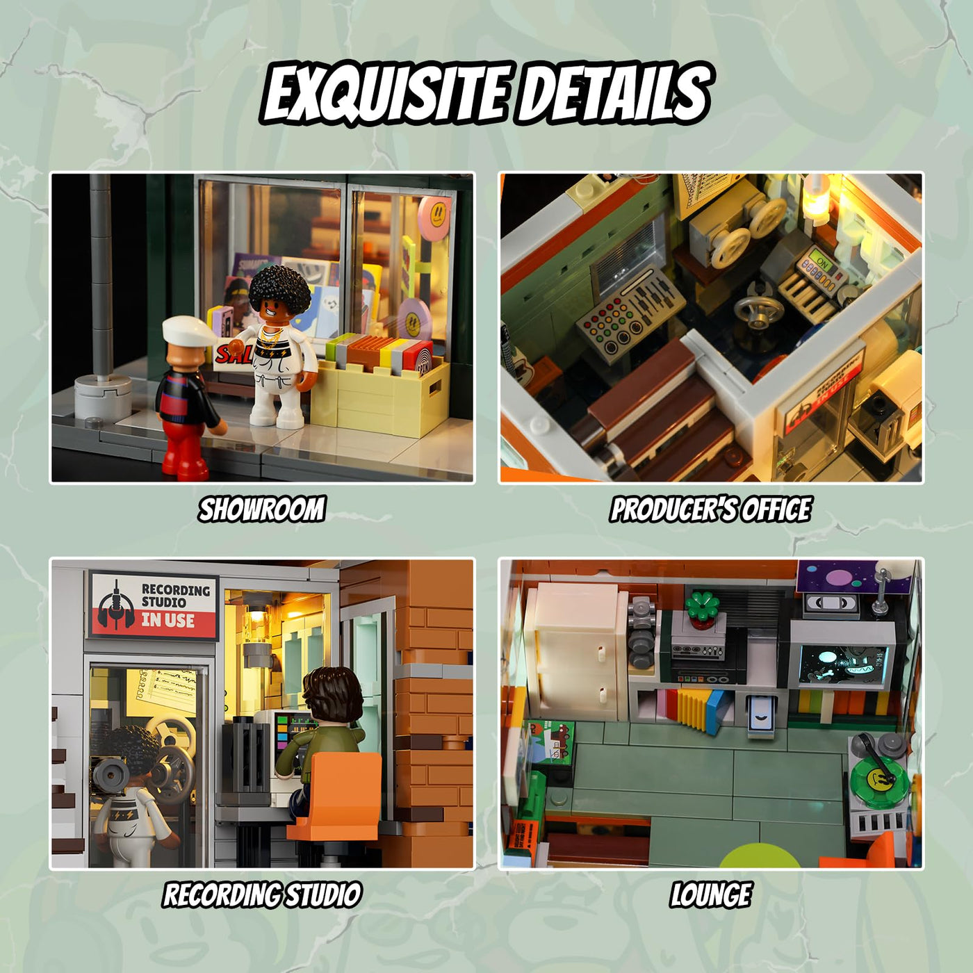 FUNWHOLE Plattenladen Beleuchtung Klemmbausteine Haus - 1980 Pcs Street Fusion Audio Shop, Multi-Form Modular Building Sammlung Kit für Erwachsene & Musikliebhaber,F9058