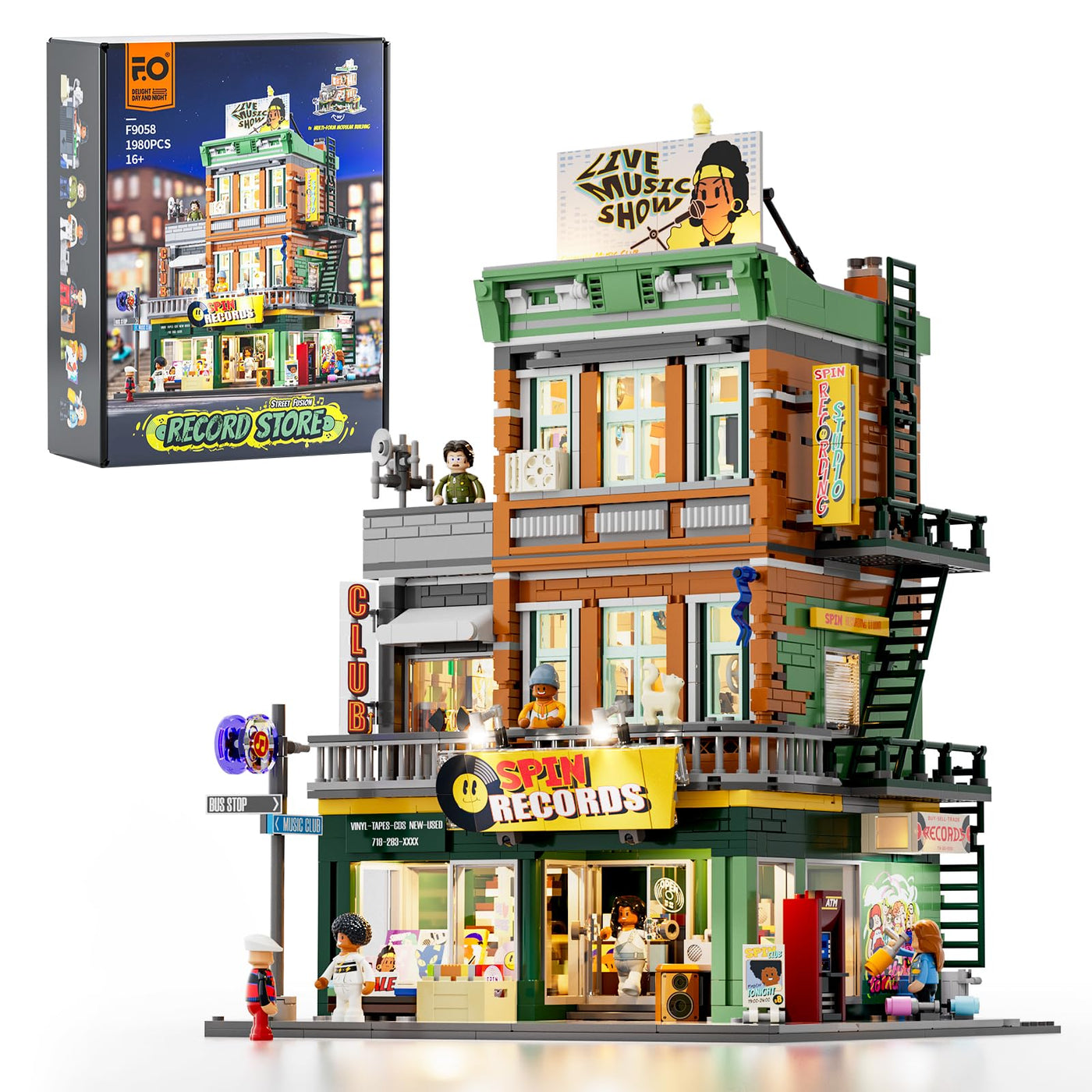 FUNWHOLE Plattenladen Beleuchtung Klemmbausteine Haus - 1980 Pcs Street Fusion Audio Shop, Multi-Form Modular Building Sammlung Kit für Erwachsene & Musikliebhaber,F9058