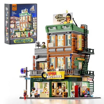 FUNWHOLE Plattenladen Beleuchtung Klemmbausteine Haus - 1980 Pcs Street Fusion Audio Shop, Multi-Form Modular Building Sammlung Kit für Erwachsene & Musikliebhaber,F9058