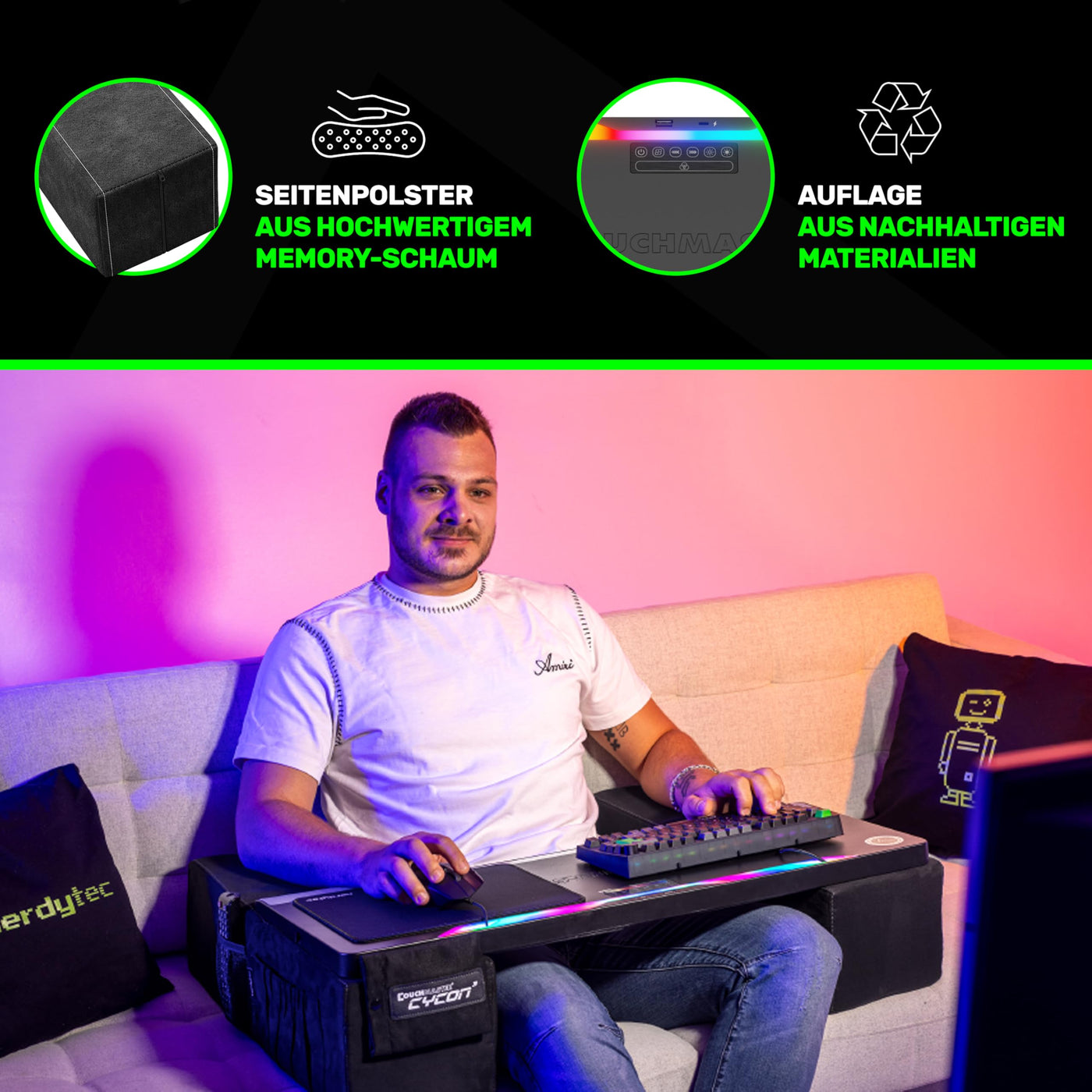 Couchmaster CYCON³ Black HORIZONLIGHT Bar - Ergonomisches Gaming Lapdesk für Couch & Bett - USB Hub Gaming Lapboard - Groß & Stabil (für PC, PS4/5, Xbox One/Series X, Laptops)