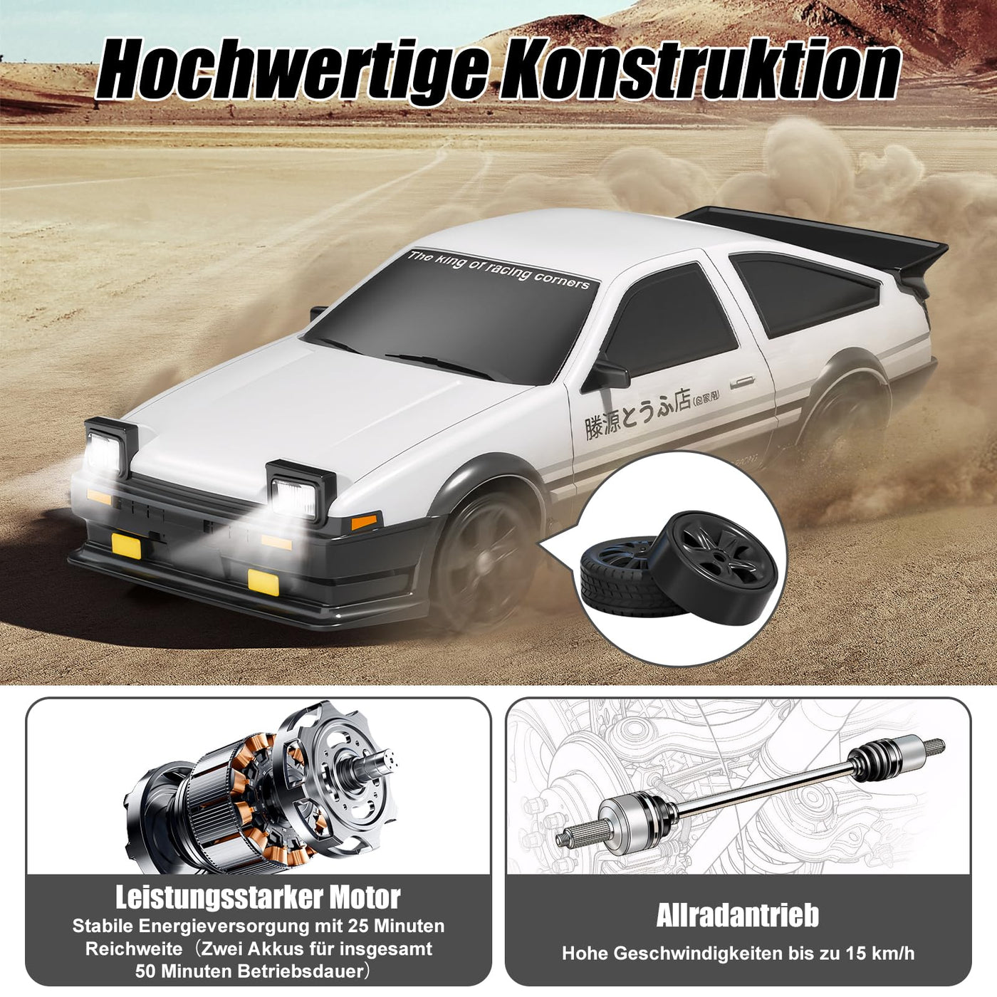 BuzzoXerex Drift Auto Ferngesteuert, Mini Drift Car, 1:24 4WD Mini RC Auto mit LED-Leuchten,18 km/h, RC Ferngesteuertes Spielzeugauto für Erwachsene und Kinder ab 6 Jahre älter (Weiß)