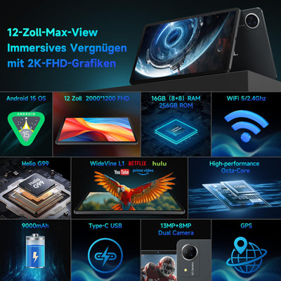 FEONAL Android 15 Tablet 12 Zoll 2K Display Helio G99 Gaming Tablet mit Tastatur/Stift/Maus, Gemini AI, 16(8+8) GB RAM+256GB ROM (2TB TF), 5G WiFi Tablets-PC, 21MP/9000mAh/Widevine L1/GPS/BT5 - Grau