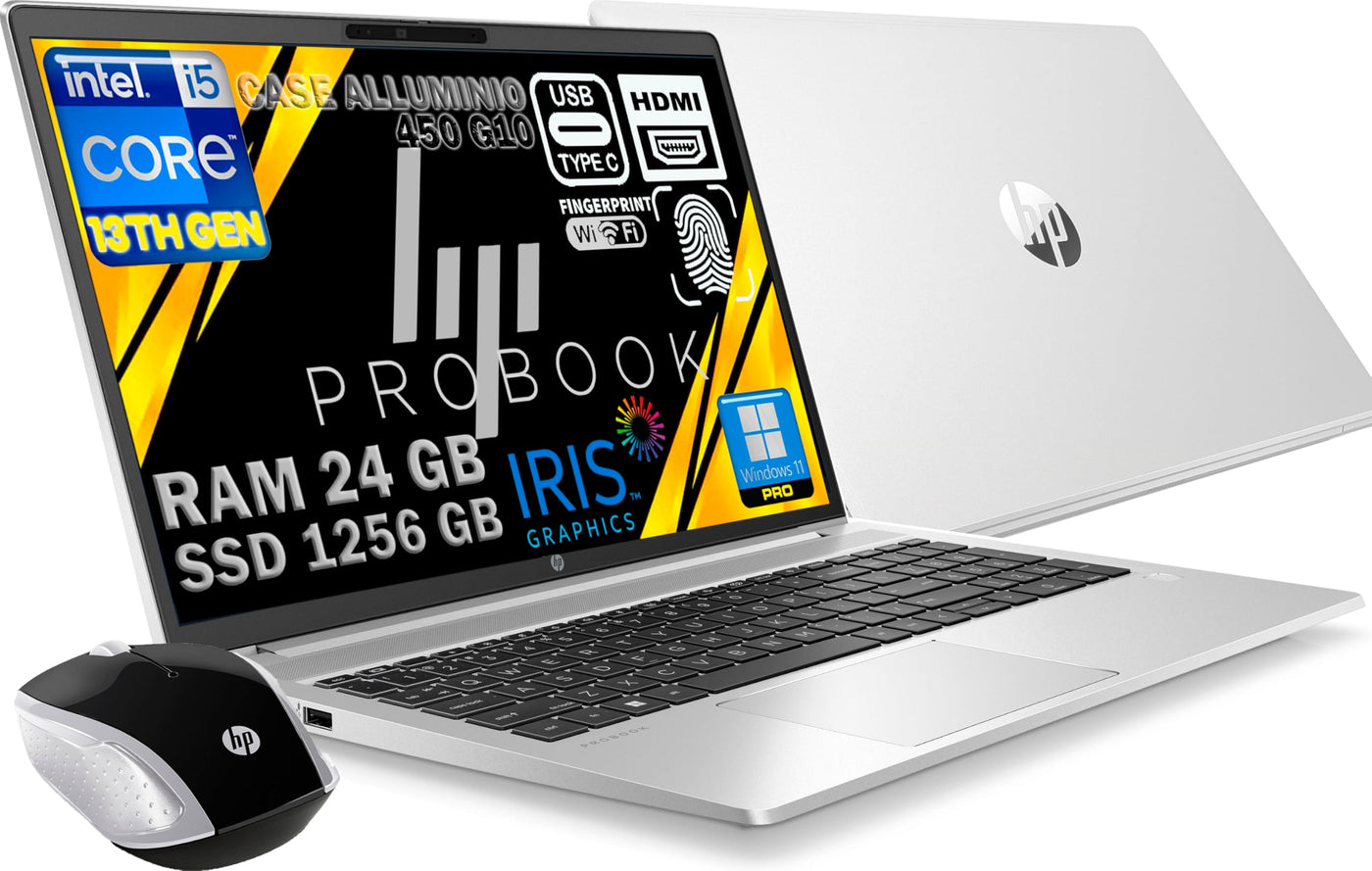 HP Probook 450 G10 Notebook, Silber, RAM 24 GB, SSD 1256 GB (256 GB + 1 TB), FullHD-Display 15,6 Zoll, Intel i5-1334U 10 Core mit 4,6 GHz, Fingerprint, Win11 Pro, Open OFFICE, Maus bereit