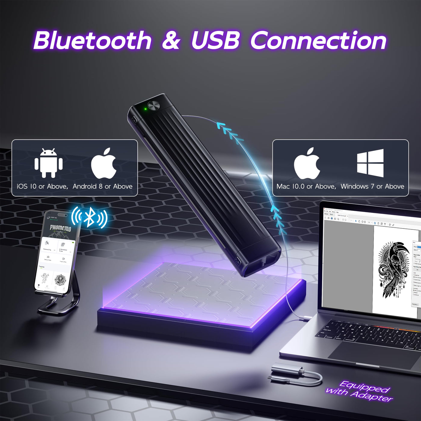 Itari A886 Tattoo Stencil Drucker Bluetooth, Schablone Drucker Kompatibel mit Smartphone & PC, Thermodrucker Tattoo Maschine Nadeldrucker mit 10 Blätter Papier für Anfänger und Künstler, Schwarz