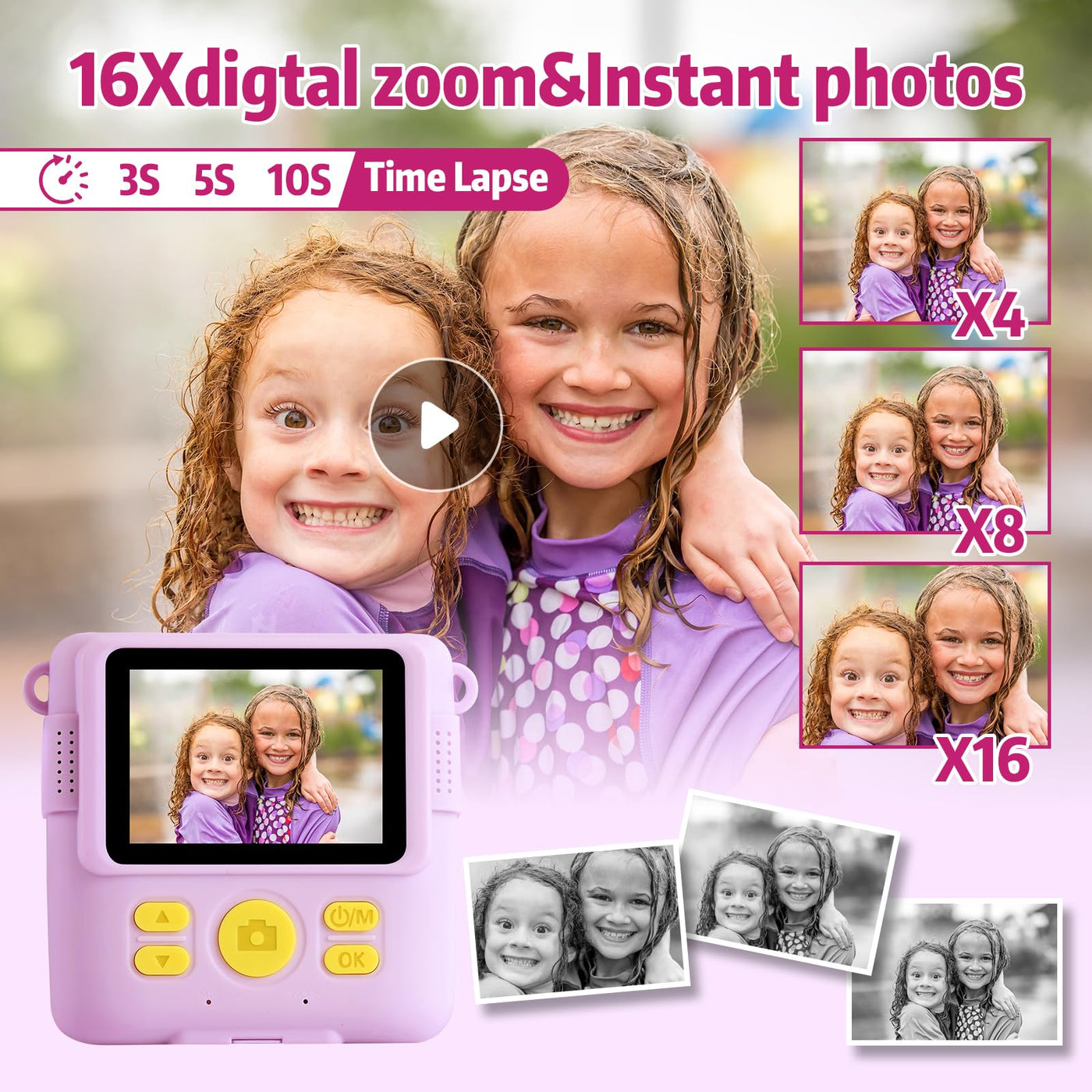 Kinderkamera Sofortbildkamera, 1080P Sofortbildkamera Kinder mit 32GB TF Karte,Druckpapier, Kamera Kinder Geschenke für Mädchen Jungen Alter 3-12 Jahre