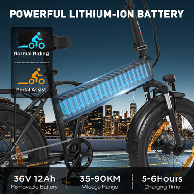 COLORWAY BK10 Elektrofahrrad Klappfahrrad 20×4.0 Zoll Breitreifen Fatbike, 250W Motor, 36V 12Ah Akku,7-Gang, Pedelec Klapprad für Damen Herren, Faltbares E-Bike für Stadt & Gelände