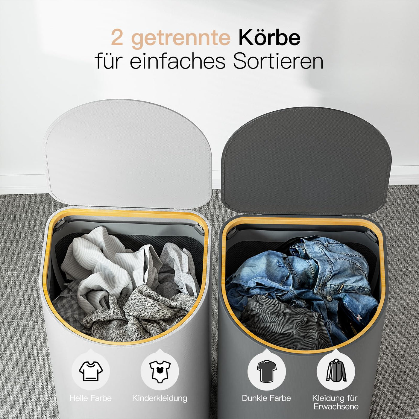 HELLKOPF 2er Pack Wäschekorb mit Deckel 140L Groß Kapazität - Wäschesammler mit 2 Fächer zum Sortieren der Schmutzwäsche, 4 Abnehmbar Innensäcke, Faltbare Laundry Baskets und Einfach zu Montieren