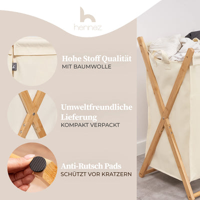 Hennez Wäschesammler XXL - Wäschekorb 3 Fächer - Wäschesortierer Wäschebox - Holz - Wäschetrenner Beige - Wäsche Sortiersystem Bambus - Wäschkorb - Laundry Basket