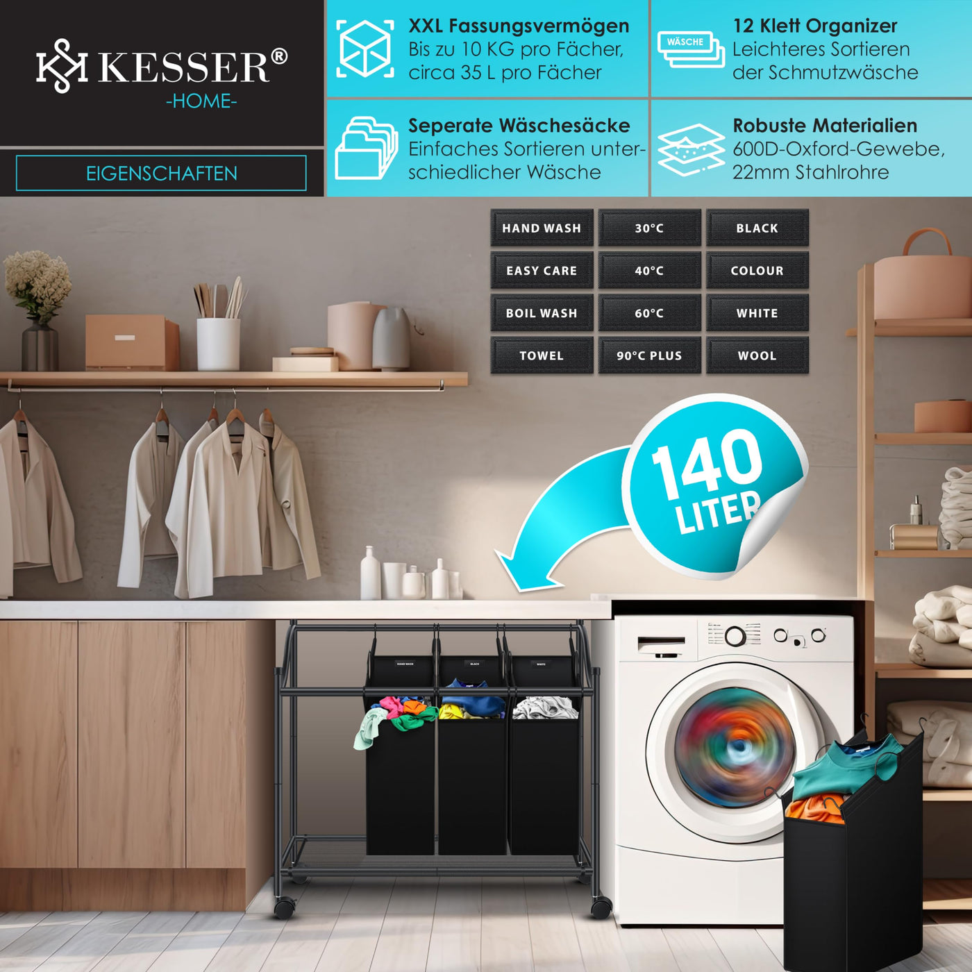 KESSER® Wäschekorb Wäschesammler Wäschesortierer mit 4 abnehmbaren Stofftaschen | 4 Fächer x 35 Liter | Wäschebox mit 12 Waschhinweisen 360° Rollen mit Bremse Wäsche-Sortiersystem Wäschewagen Schwarz