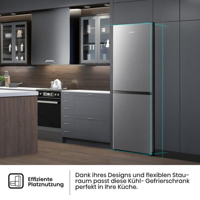 Hisense RB327N4AD2 Kühl-Gefrierkombination/ NoFrostPlus/ Multiflow 360°/ HolidayMode/ FreshZone/ 182,4 cm/ Kühlteil 171 l/ Gefrierteil 85 l/ 41 dB/ 287 kWh/ Jahr/ Edelstahl-Look