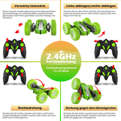Rodzon Ferngesteuertes Auto 3 4 5 6 7 8 9 Jahre Spiele LED Blinken RC Auto Spielzeug Jungen Mädchen Geschenke Kinder Toy 2.4Ghz 4WD 360° Flipper Drift RC Car mit 2 Aufladbarer Batterien (Grün)