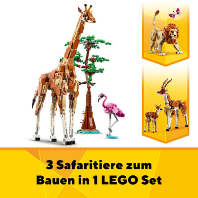 LEGO Creator 3in1 Tiersafari, Kreativ-Set mit Tierfiguren, 3 Baumöglichkeiten: Spielzeug-Giraffe, Gazellen und Löwe, Spielzeug-Tiere für Mädchen und Jungen, Natur-Geschenk für Kinder ab 9 Jahren 31150