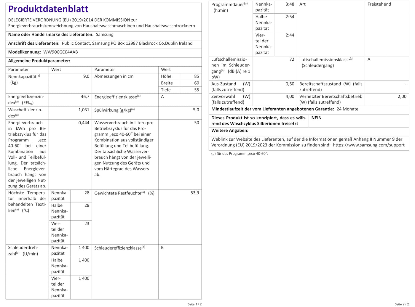 Samsung Waschmaschine, 9 kg, 1.400 U/min, EEK: A, Mikroplastik-Programm, Ecobubble, 14 Programme, WiFi SmartControl, Schwarz, WW90CGC04AABEG
