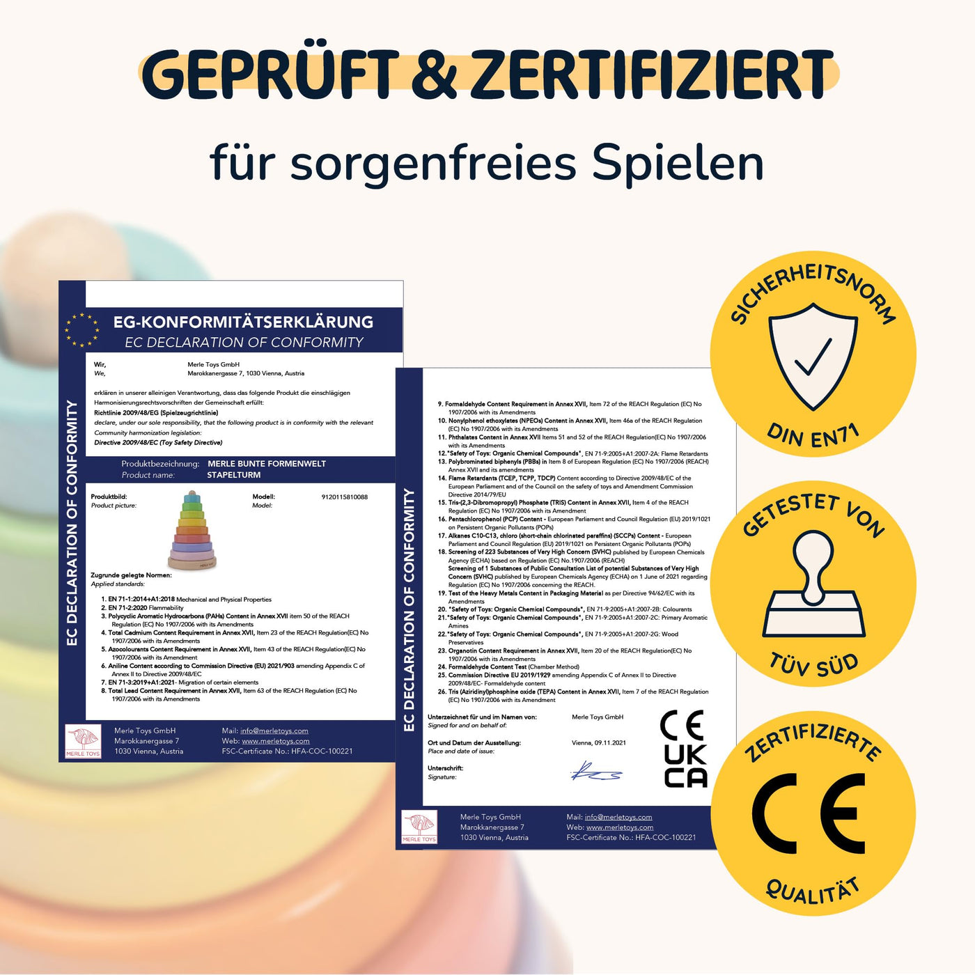 Merle Toys® Stapelturm Holz, 100% FSC-zertifiziertes Holzspielzeug Baby, Stapelturm ab 1 Jahr, Montessori Spielzeug, Stapelspiel ab 1 Jahr, BPA-Freies Baby Spielzeug aus Holz, 8X Bunte Stapelringe