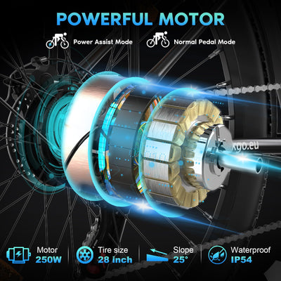 ELEKGO 28 Zoll E-Bike Elektrofahrrad, 7-Gang-Getriebe, 36V Abnehmbarer Akku, City Bike mit Geschwindikeit bis 25km/h，LCD-Display，Ausgestattet mit stoßdämpfenden Gabeln
