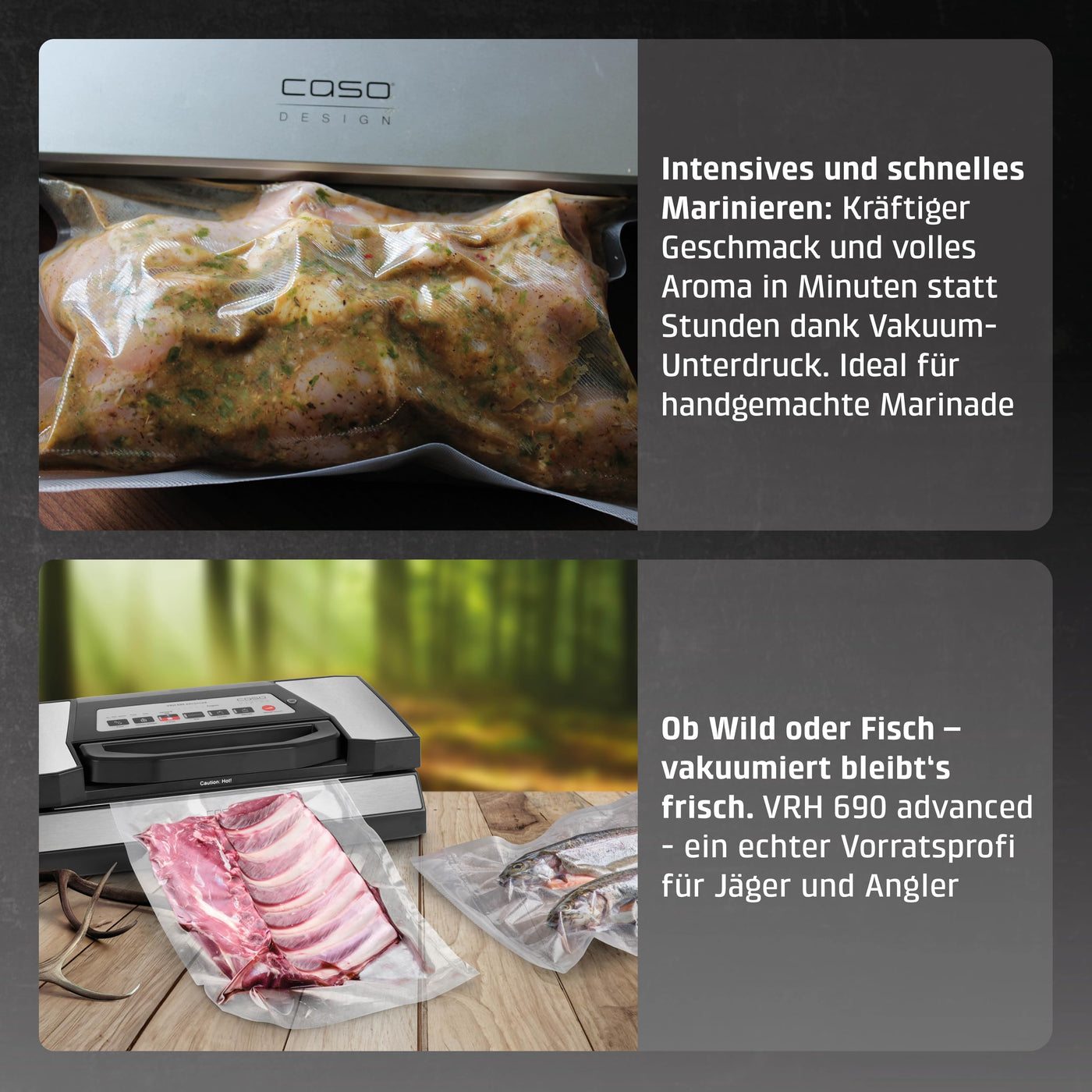 CASO VRH 690 advanced Vakuumierer Testsieger, Vakuumiergerät für Lebensmittel, 150 Vakuumiervorgänge nonstop, doppelte Schweißnaht, 20 Liter/Min, Cutter, inkl. 2 Profi- Folienrollen