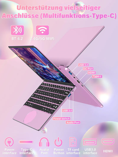 Fsjun 11-Zoll-Pink 2-in-1 Touchscreen-Laptop, N100(Beat N95 N5095), 16GB RAM, 1TB SSD, FHD IPS, Hintergrundbeleucht Tastatur,Wi-Fi, Type-C, HDMI,Leicht, tragbar (16G+1T)